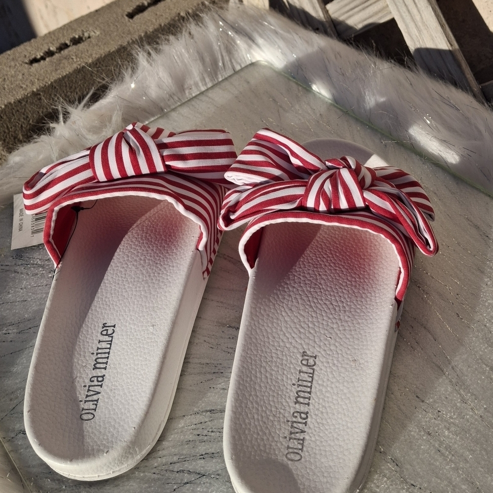 Olivia Miller Red and White Stripes Slip-On Low Wedge Sandals Women Size 6 - Picture 10 of 16